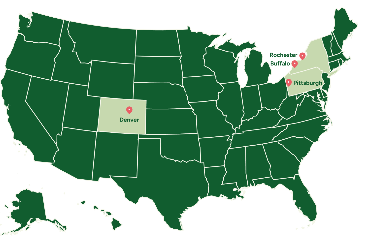 A map showing availability of Wild Leaf Hard Green Tea in Denver, Pittsburgh, Buffalo, and Rochester